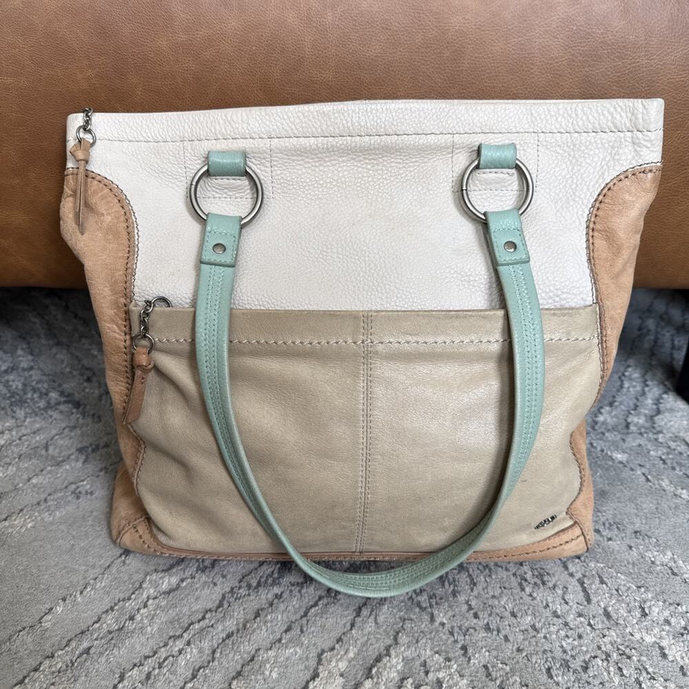 The Sak Iris Two-toned Leather Tote Bag Cream Tan Color Block Patchwork Lined